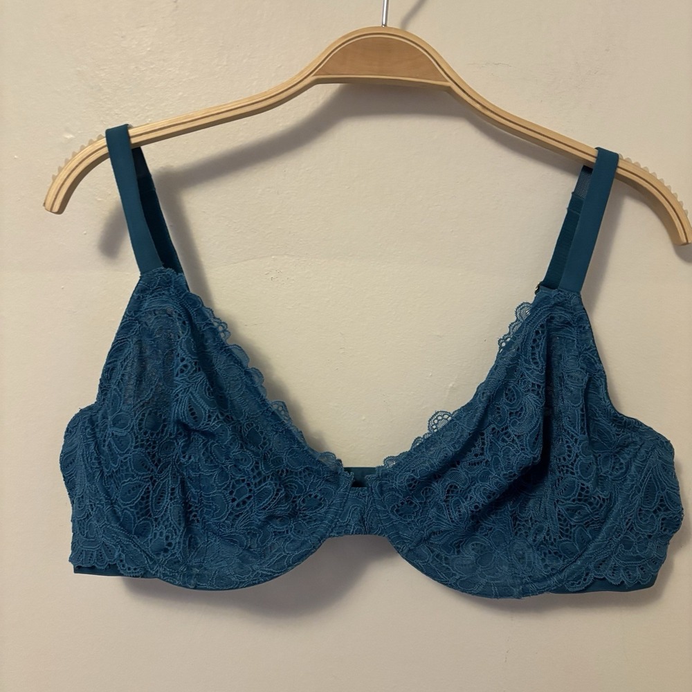 Soma Unlined Plunge Bra 40D Blue Lace Underwire